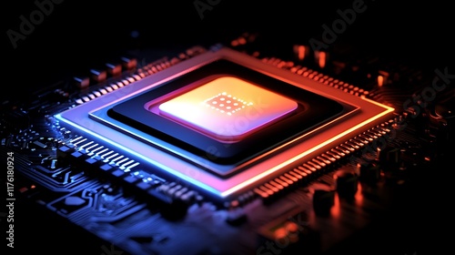 Conceptual futuristic chipset glowing with an AI-inspired light aura