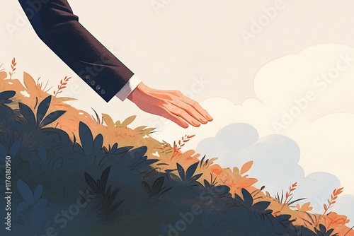 Hand reaching towards plants, symbolizing growth and nature.