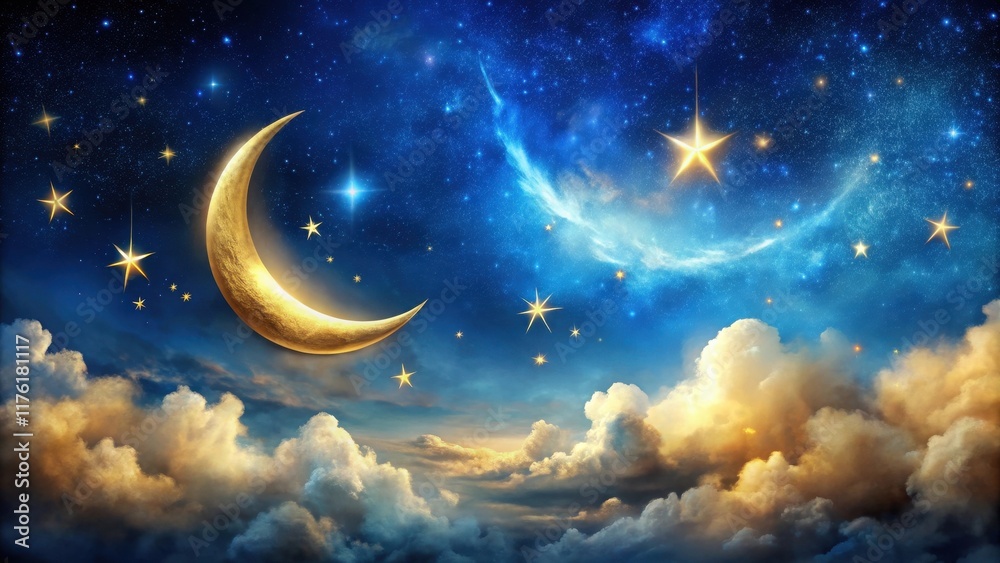 Celestial Dreamscape of Golden Crescent Moon and Twinkling Stars Adorned with a Swirling Nebula Celestial Dreamscape of Golden Crescent Moon and Twinkling Stars Adorned with a Swirling Nebula