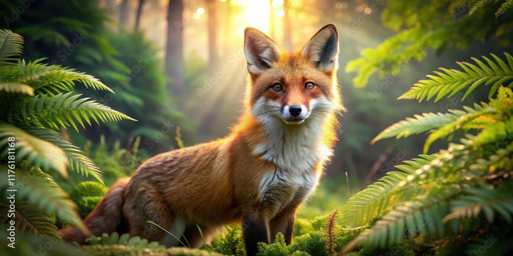 Obraz premium A fox with a majestic gaze stands amidst a lush, sunlit forest, its fur glowing with warmth and its presence radiating an aura of wild beauty.