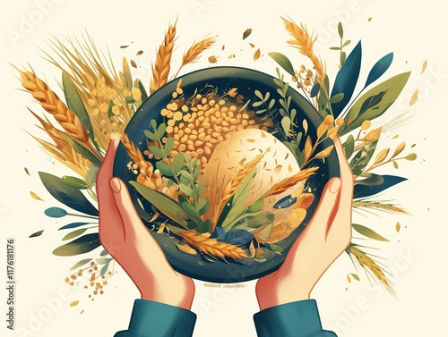 Hands holding a bowl of wheat, grains, and herbs.