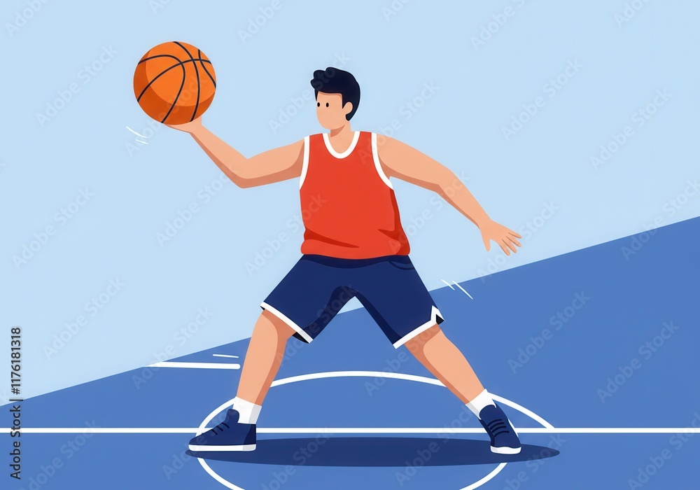 Naklejka premium Illustrated basketball player dribbling on court in action-packed pose
