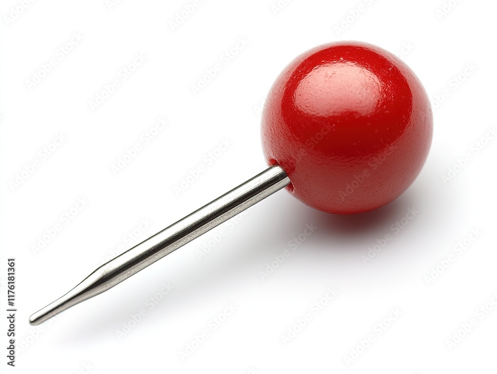 A red pushpin with a spherical top and a sharp metal point for fastening papers or notes. A red pushpin with a spherical top and a sharp metal point for fastening papers or notes.