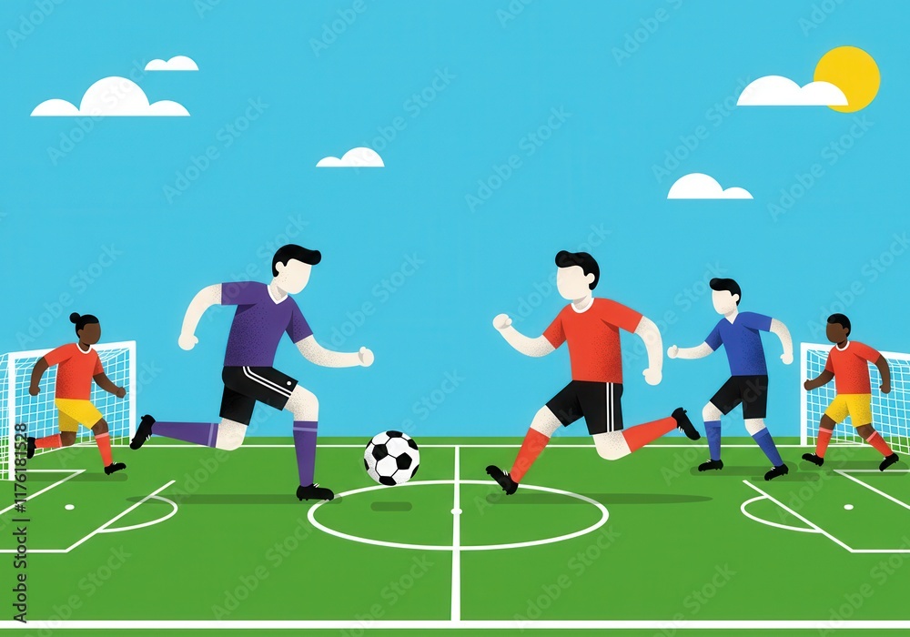 Vibrant soccer match: animated players on green field with blue sky and sun Vibrant soccer match: animated players on green field with blue sky and sun