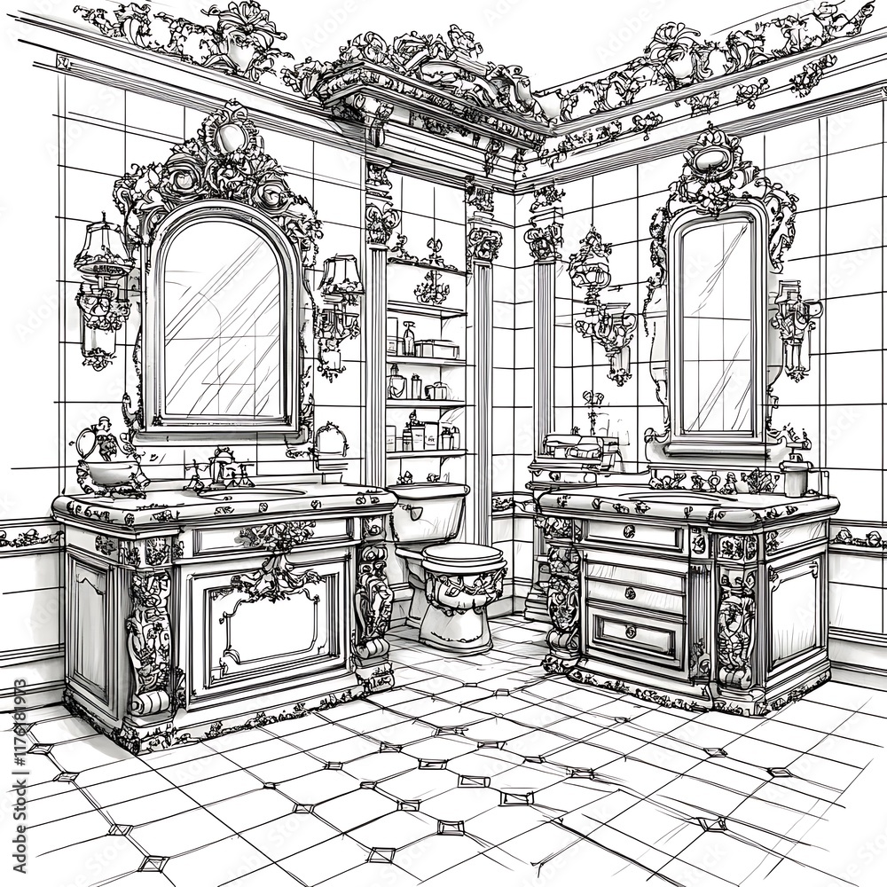 Fototapeta premium Architectural Sketch of an Ornate Victorian Bathroom Design.