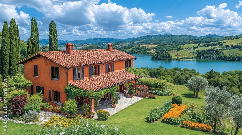 Scenic view of a rustic villa surrounded by lush greenery and a tranquil lake.