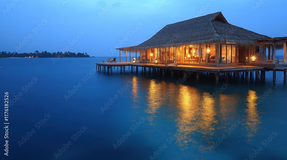 Obraz premium A serene waterfront villa at dusk, reflecting warm lights on calm waters.