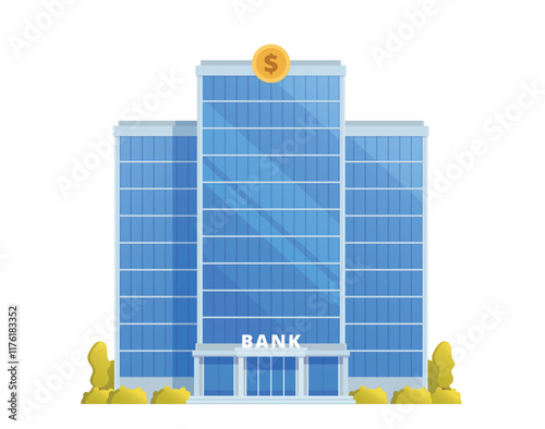Bank Office Building Illustration, Facade. Editable Vector Illustration Front View on clean white background