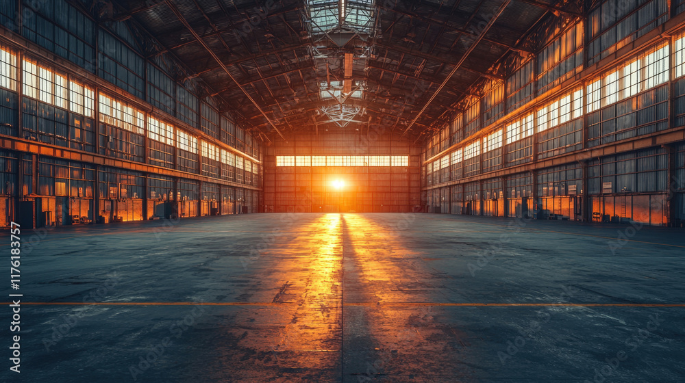 Golden light streams through large windows in an industrial warehouse at sunset, casting long shadows across the concrete floor and creating a warm, inviting atmosphere Golden light streams through large windows in an industrial warehouse at sunset, casting long shadows across the concrete floor and creating a warm, inviting atmosphere