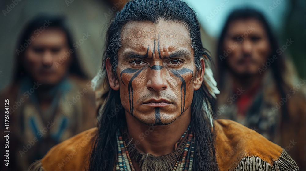 Close-up of Native American indigenous man tribe leader with serious expression in traditional ceremonial setting Close-up of Native American indigenous man tribe leader with serious expression in traditional ceremonial setting