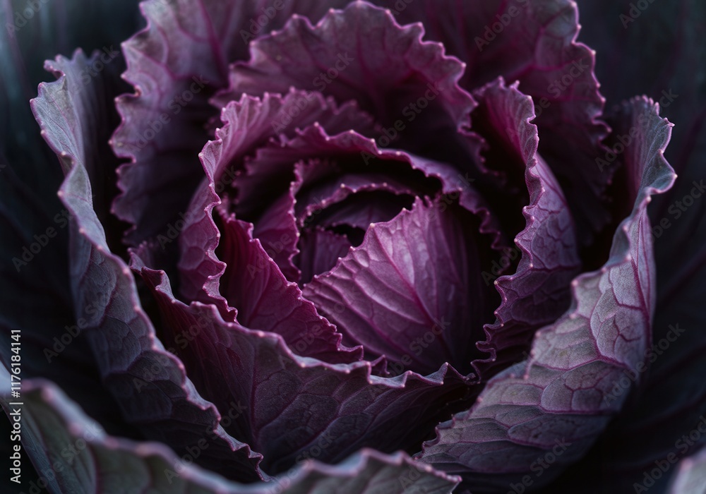 Obraz premium Close-up of vibrant purple cabbage with detailed texture and patterns