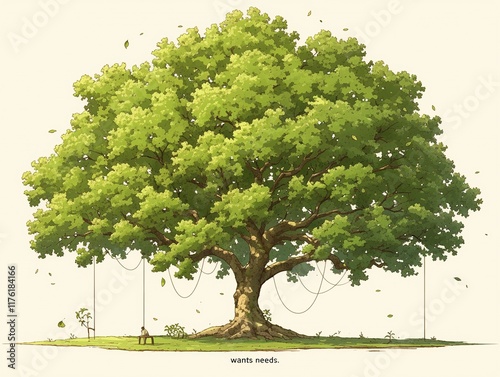 Lush green tree with person sitting underneath, vines hanging.