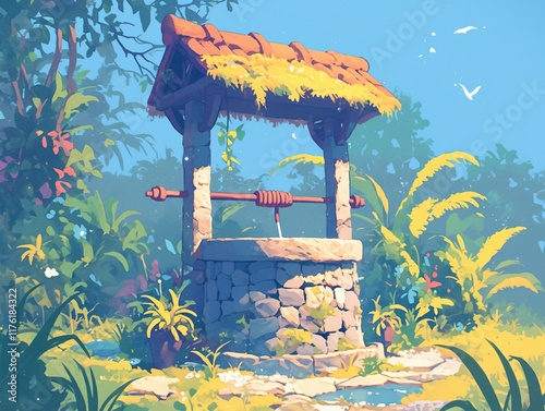 Lush tropical garden with ancient stone well, mossy roof, vibrant foliage, sunlight.