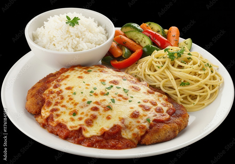 Delicious chicken parmesan with cheese, spaghetti, rice, and vegetables on white plate Delicious chicken parmesan with cheese, spaghetti, rice, and vegetables on white plate