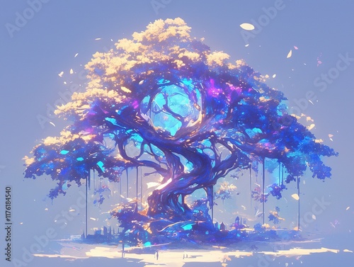 Magical glowing tree with vibrant colors, ethereal ambiance, and mystical atmosphere.