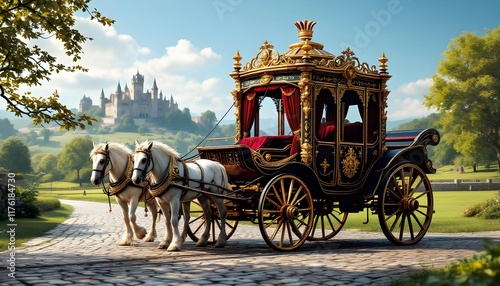 A horse-drawn carriage with an ornate, gilded exterior in a fantasy landscape with a castle in the background