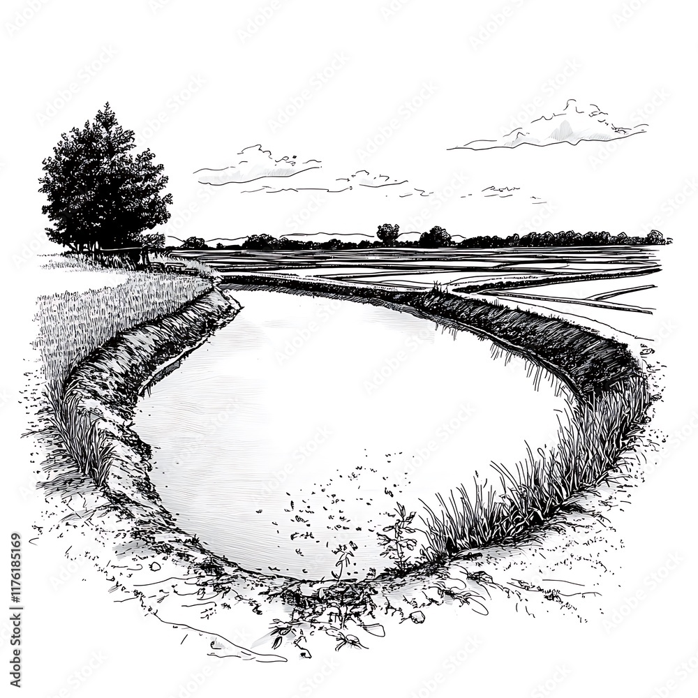 Obraz premium Ink Sketch of Serene Rice Paddy Landscape with Irrigation Canal.