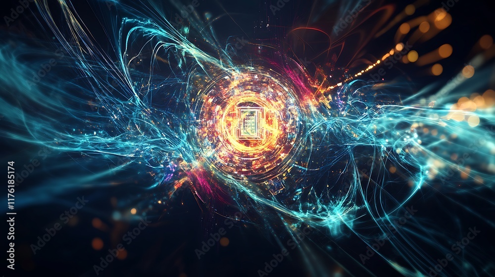 Obraz premium Generative futuristic chipset surrounded by dynamic energy waves