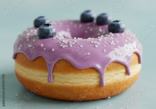 Blueberry topped donut with purple icing and sugar sprinkles on light blue background photo