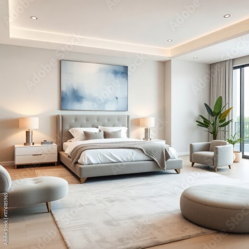 a serene and modern bedroom, characterized by its elegant design and calming color palette. Bed, Artwork, Lighting, Seating Area, Plant Decor, Flooring, Windows. photo