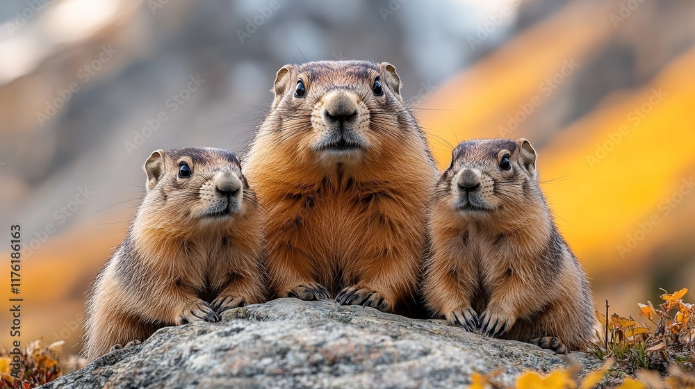 Fototapeta premium Three adorable marmots sitting on a rock, surrounded by a colorful autumn landscape.