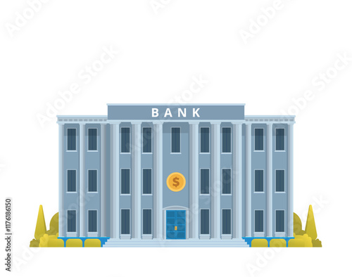 Bank Office Building Illustration, Facade. Editable Vector Illustration Front View on clean white background