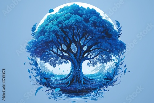 Mystical blue tree of life in a circle.
