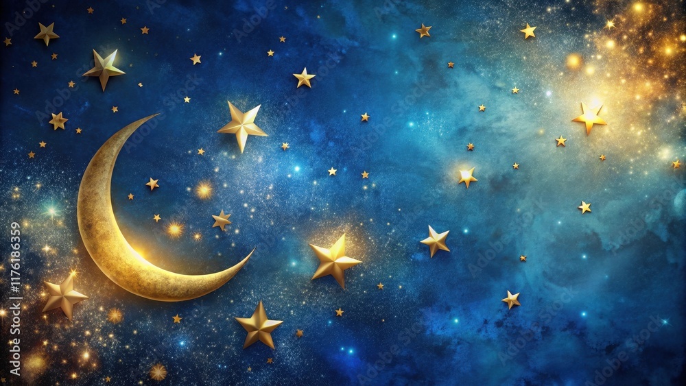 Naklejka premium A celestial tapestry of golden stars and a crescent moon illuminating a vast expanse of midnight blue with sparkling cosmic dust.