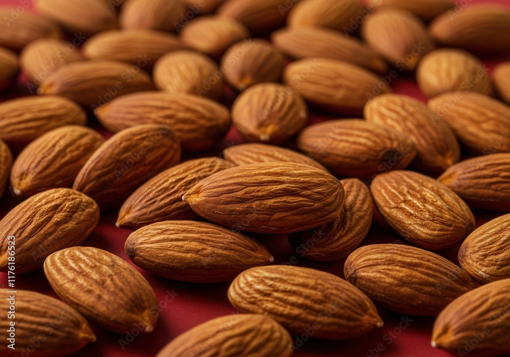Close-up of whole almonds on red background, highlighting texture and detail Close-up of whole almonds on red background, highlighting texture and detail