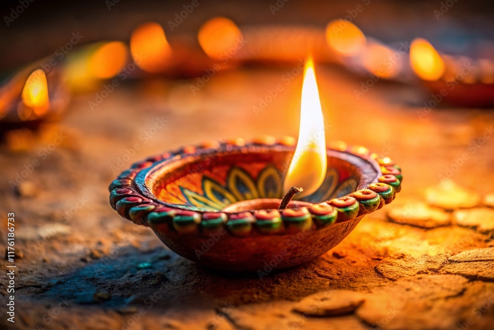 Close-up of a lit Diya oil lamp, traditional Indian ceremony, warm candlelight, religious festival, cultural heritage. Close-up of a lit Diya oil lamp, traditional Indian ceremony, warm candlelight, religious festival, cultural heritage.