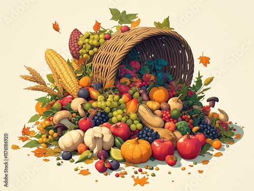 Overflowing cornucopia with autumn harvest fruits, vegetables, and grains.