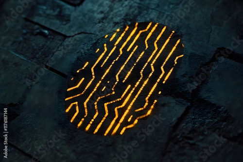 A glowing silhouette of a digital fingerprint with glowing circuits inside, leaving room for text beside it.