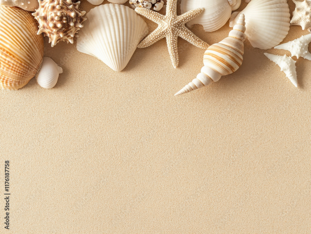 Top view of a sandy beach with collection of exotic seashells and starfish Top view of a sandy beach with collection of exotic seashells and starfish