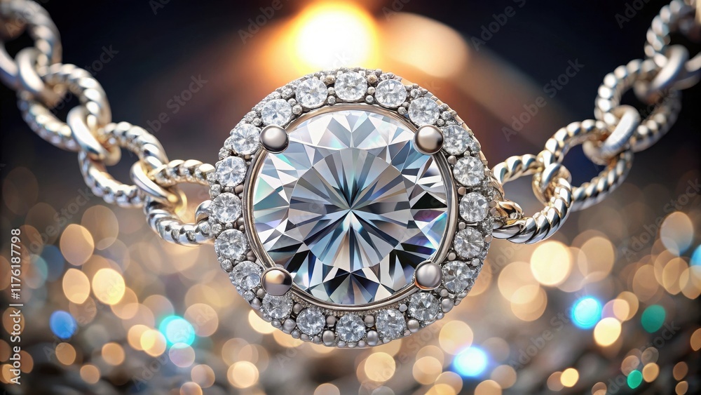 Fototapeta premium A large, brilliant diamond, set in a delicate halo of smaller diamonds, sits atop a twisted metal band, the entire piece gleaming against a backdrop of soft, colorful bokeh.