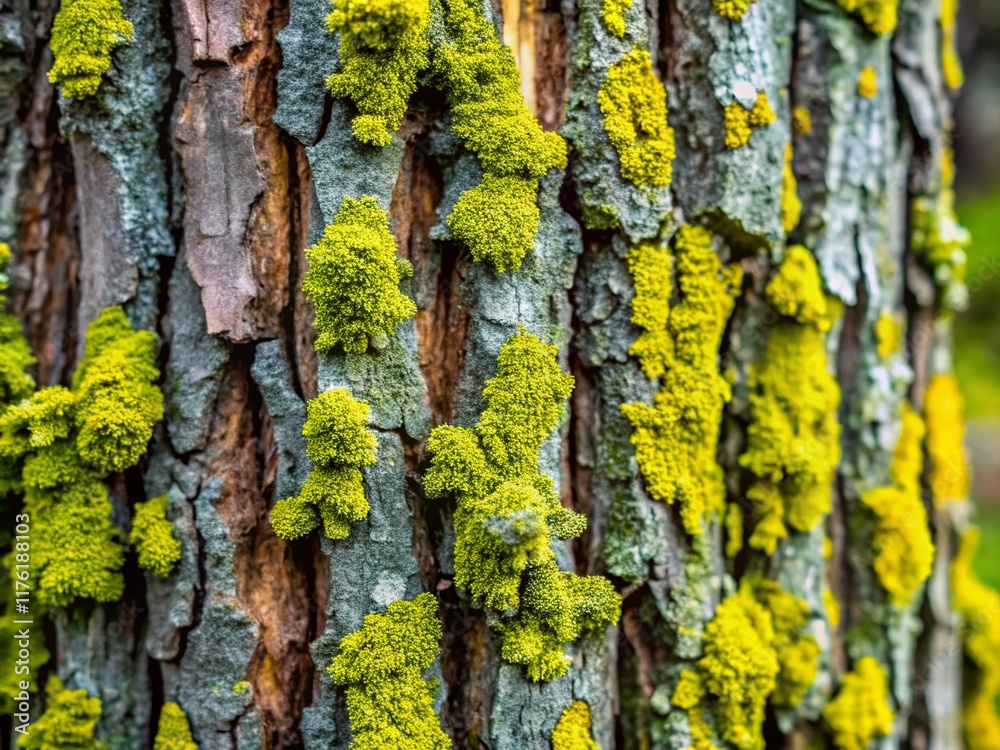 Obraz premium Close-up Panoramic of Gray Tree Bark Textured with Vibrant Green Lichens