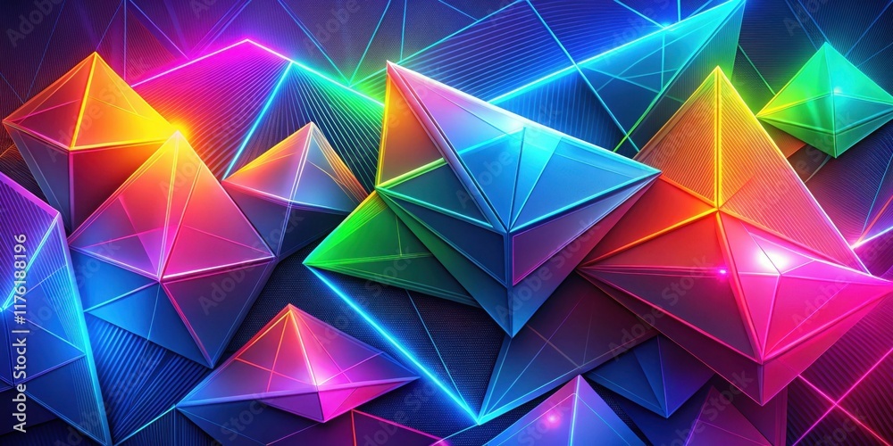 A mesmerizing display of geometric shapes illuminated by vibrant neon lights. The abstract design creates a dynamic and futuristic aesthetic.