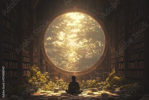 Person meditating in a mystical library with a circular window showing a forest scene.