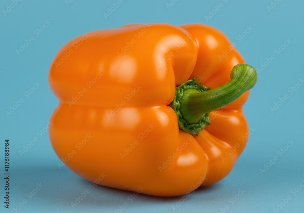 Fresh orange bell pepper on blue background for culinary inspiration Fresh orange bell pepper on blue background for culinary inspiration