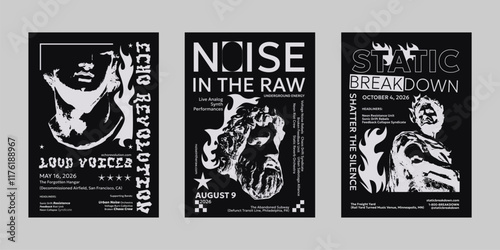 Analog punk poster set, Poster collection for print and social media. Flyer template set, Brutalism poster for band and event. Poster graphic design set