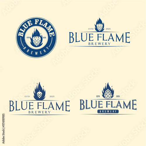 Set of vintage monochrome blue badge, logo templates and design elements for beer house, bar, pub, brewing company.