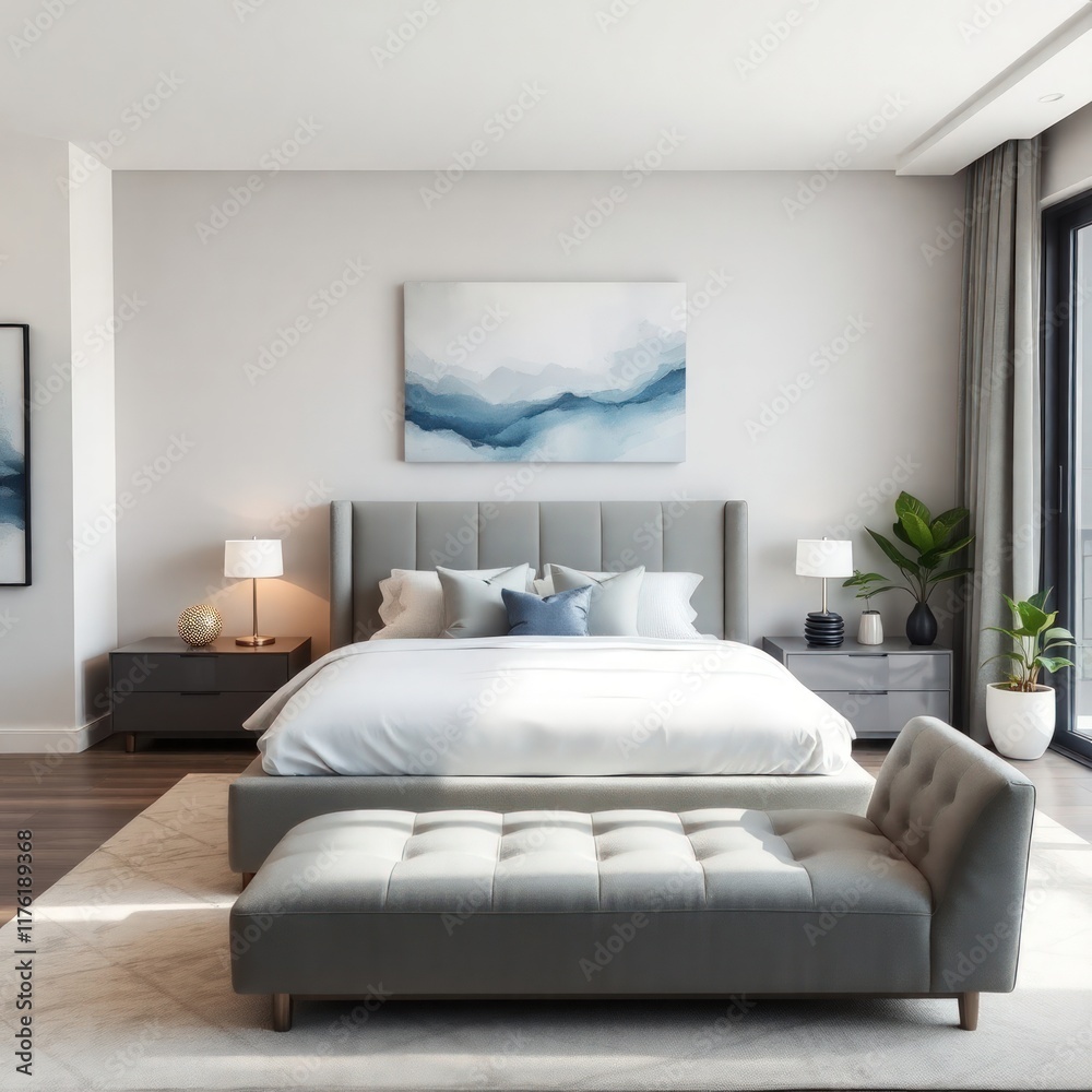 a serene and modern bedroom, characterized by its elegant design and calming color palette. Bed, Artwork, Lighting, Seating Area, Plant Decor, Flooring, Windows. a serene and modern bedroom, characterized by its elegant design and calming color palette. Bed, Artwork, Lighting, Seating Area, Plant Decor, Flooring, Windows.