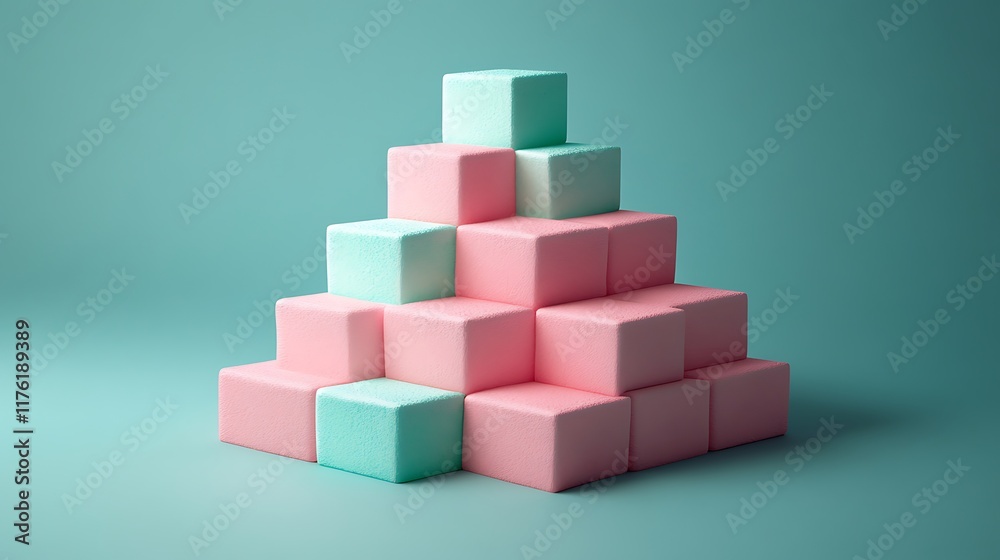 Abstract 3D render of pink and mint cubes forming a stepped tower Abstract 3D render of pink and mint cubes forming a stepped tower