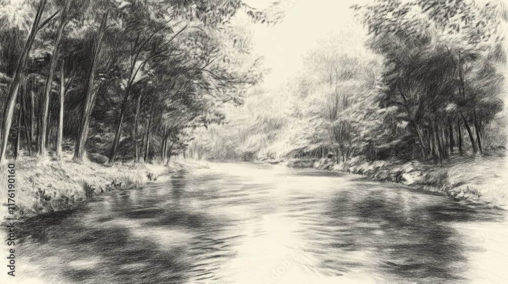 Obraz premium Serene pencil sketch of a river flowing through a lush forest. The grayscale palette creates a tranquil mood.