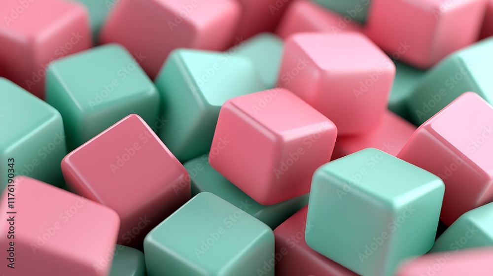 Abstract 3D render of pink and mint cubes floating in staggered layers Abstract 3D render of pink and mint cubes floating in staggered layers