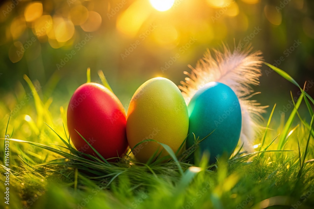 Colorful Easter Eggs Silhouette in Grass with Feather - Spring Holiday Stock Photo Colorful Easter Eggs Silhouette in Grass with Feather - Spring Holiday Stock Photo
