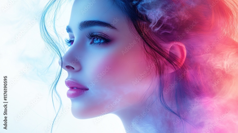 A close-up profile of a woman with vibrant colors and soft smoke effects, creating an ethereal and artistic atmosphere. A close-up profile of a woman with vibrant colors and soft smoke effects, creating an ethereal and artistic atmosphere.