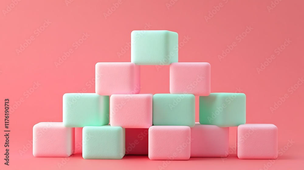 Abstract 3D render of pink and mint cubes forming a gradient pyramid Abstract 3D render of pink and mint cubes forming a gradient pyramid
