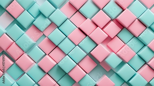 Abstract 3D render of pink and mint cubes aligned in a diamond grid