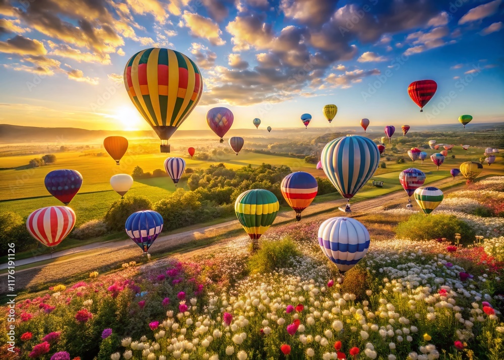 Obraz premium Colorful Hot Air Balloons & Flower Festival Aerial View - Celebration Party