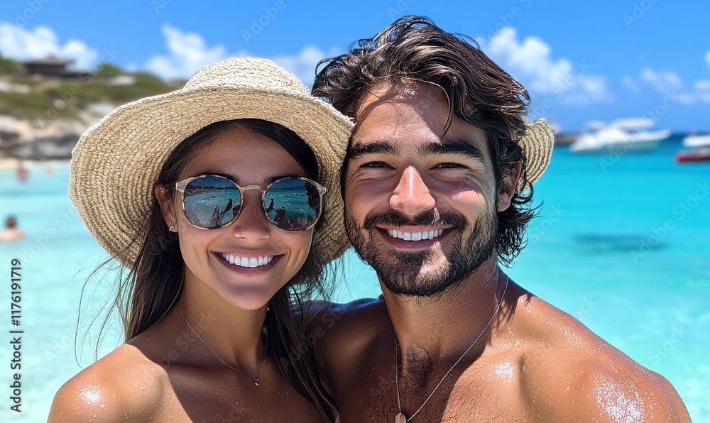 Obraz premium A joyful couple poses on a sunny beach, showcasing their smiles and relaxed atmosphere.